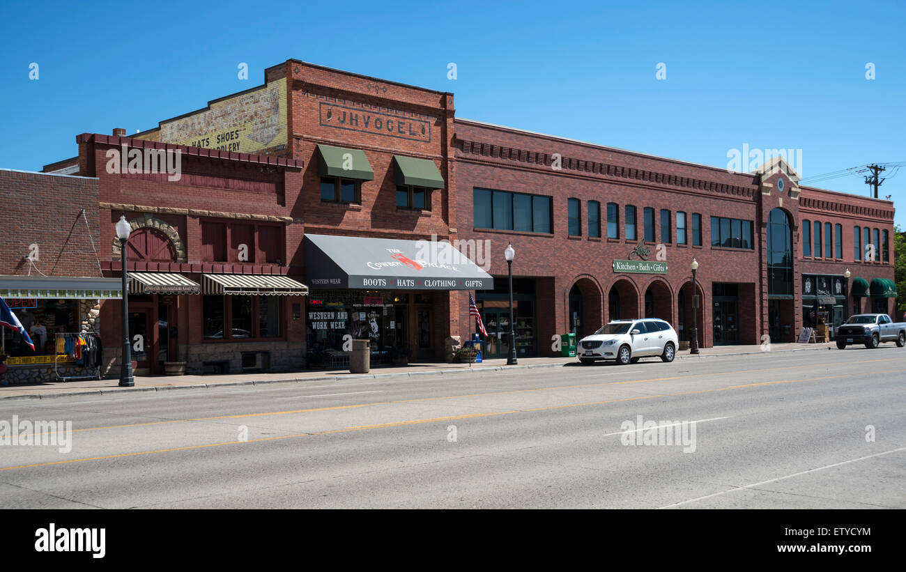 One of the oldest brick buildings in the main street, Cody, Wyoming, United States,  North America, USA Stock Photo