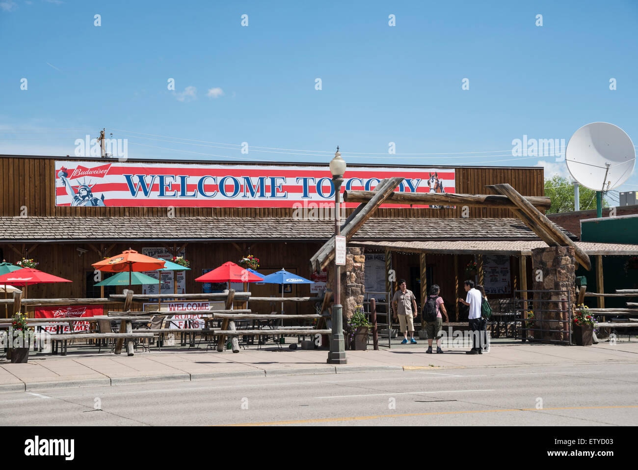 Welcome to Cody, Red banner on a main street, Wyoming, United States,  North America, USA Stock Photo