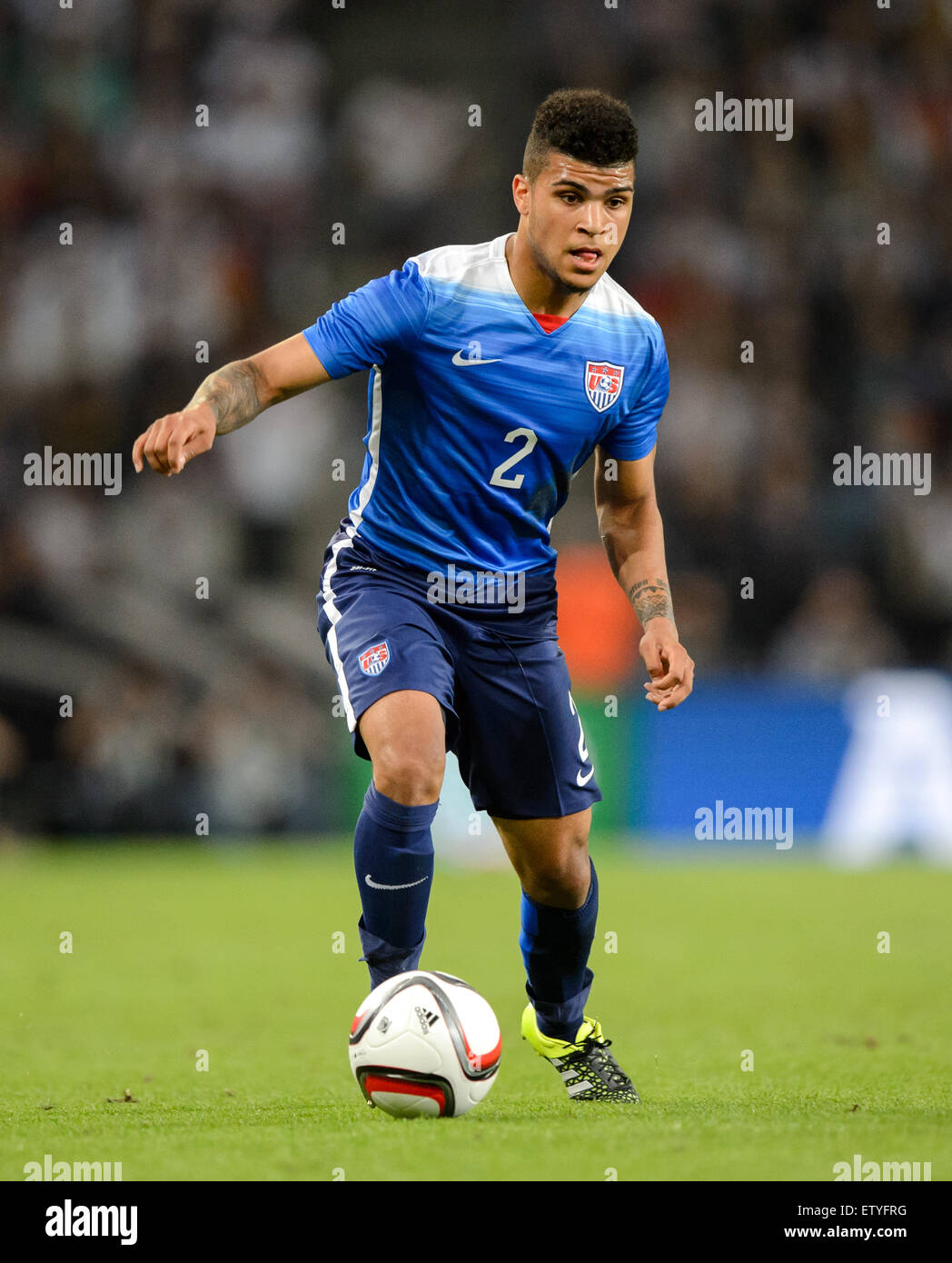 Cologne, Germany. 10th June, 2015. DeAndre Yedlin of the USA in action during the international friendly soccer match between Germany and the USA at RheinEnergieStadion in Cologne, Germany, 10 June 2015. The USA won the match 2-1. Photo: Thomas Eisenhuth/dpa - NO WIRE SERVICE -/dpa/Alamy Live News Stock Photo