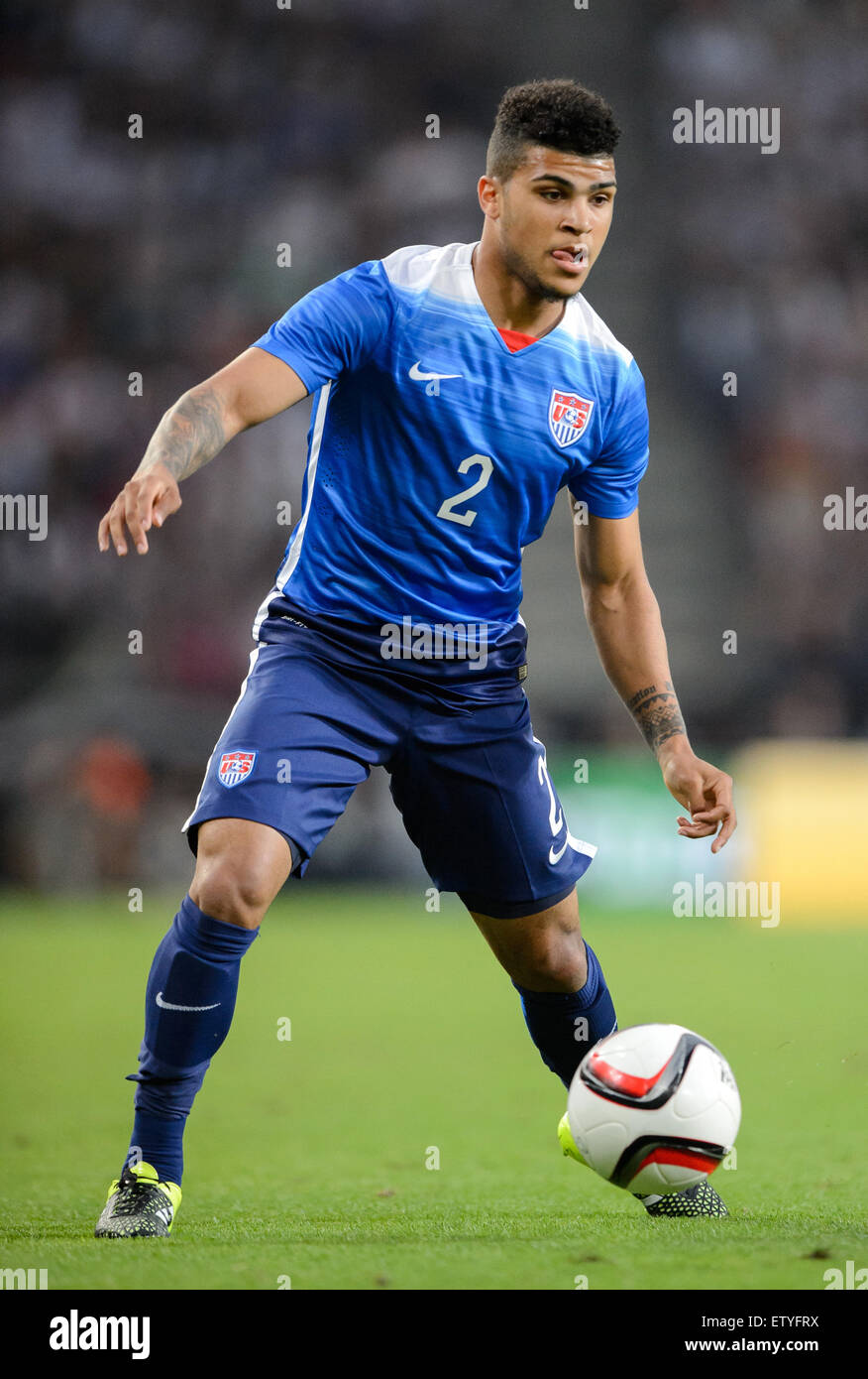 Cologne, Germany. 10th June, 2015. DeAndre Yedlin of the USA in action during the international friendly soccer match between Germany and the USA at RheinEnergieStadion in Cologne, Germany, 10 June 2015. The USA won the match 2-1. Photo: Thomas Eisenhuth/dpa - NO WIRE SERVICE -/dpa/Alamy Live News Stock Photo