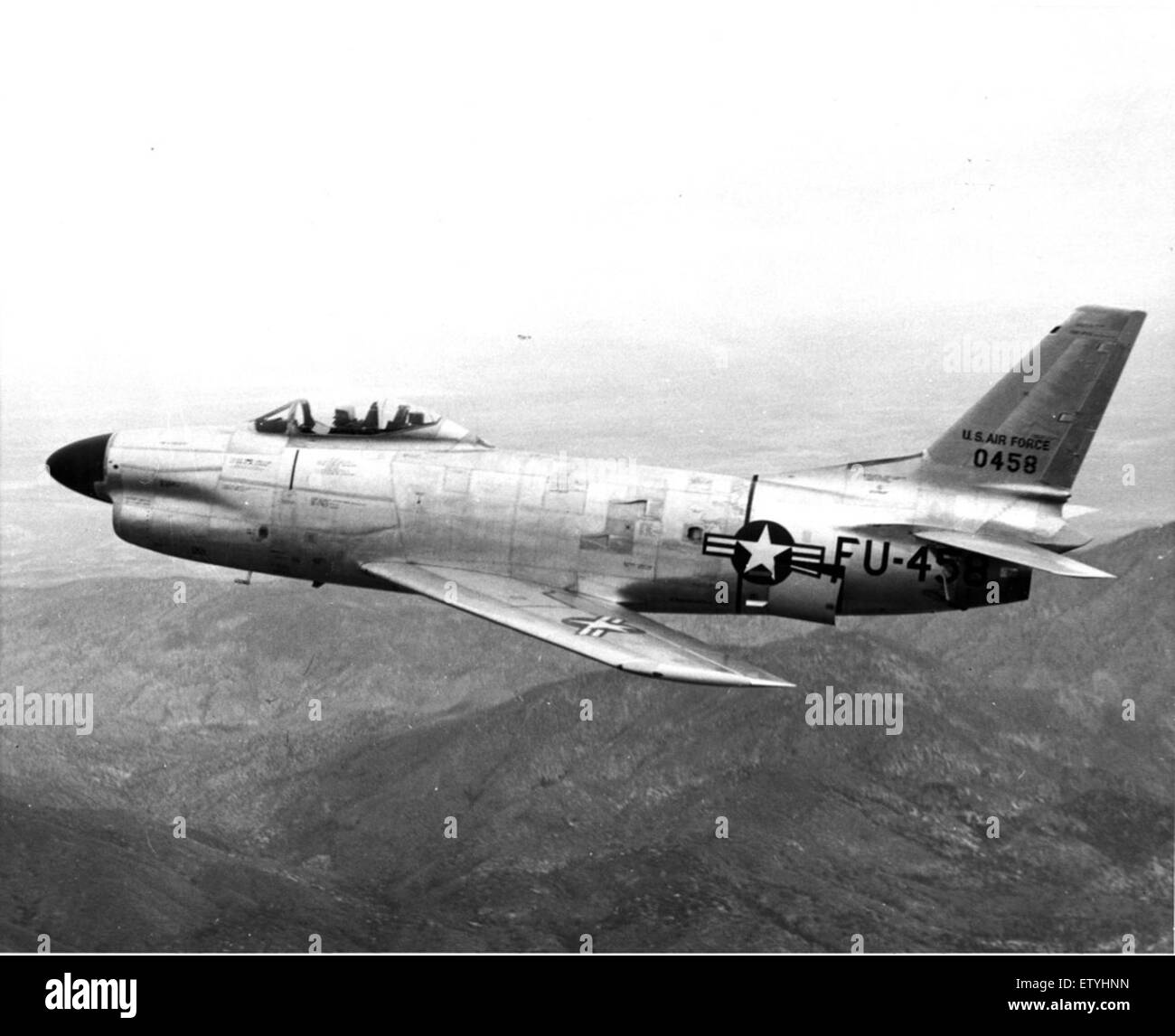 The F-86D-1 is an American fighter aircraft developed in the 1950s. This image showcases the aircraft, known for its role in the Korean War and subsequent Cold War conflicts. Its sleek design and performance made it a key asset in the U.S. Air Force. Stock Photo