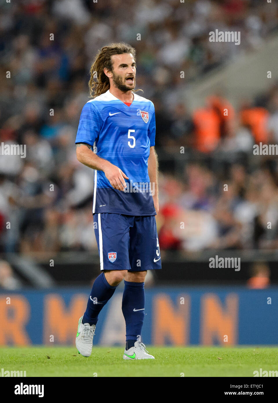 Cologne, Germany. 10th June, 2015. Kyle Beckerman of the USA reacts during the international friendly soccer match between Germany and the USA at RheinEnergieStadion in Cologne, Germany, 10 June 2015. The USA won the match 2-1. Photo: Thomas Eisenhuth/dpa - NO WIRE SERVICE -/dpa/Alamy Live News Stock Photo