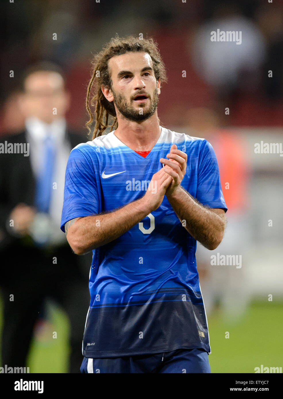 Cologne, Germany. 10th June, 2015. Kyle Beckerman of the USA celebrates after the international friendly soccer match between Germany and the USA at RheinEnergieStadion in Cologne, Germany, 10 June 2015. The USA won the match 2-1. Photo: Thomas Eisenhuth/dpa - NO WIRE SERVICE -/dpa/Alamy Live News Stock Photo