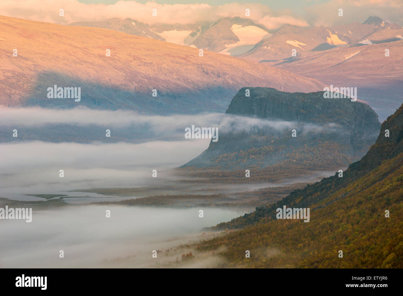 View over Sarek national park with Mount Namatj and Laitaure delta Stock Photo