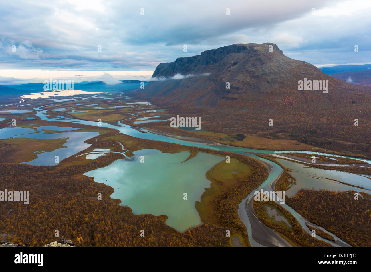 View from mount Namatj over Laitaure delta in Sarek national park in Sweden, Lapland, Swedish lapland in the month of september Stock Photo