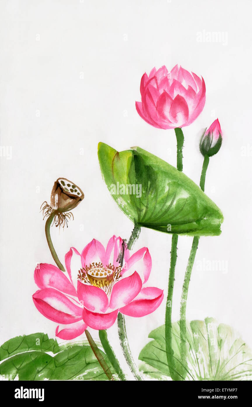 Lotus flower watercolor painting on rice paper, original art, Asian