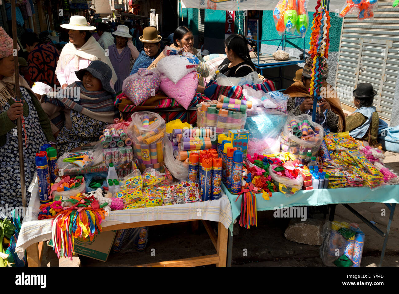 Women at a street market in Bolivia. Women cholita in the traditional