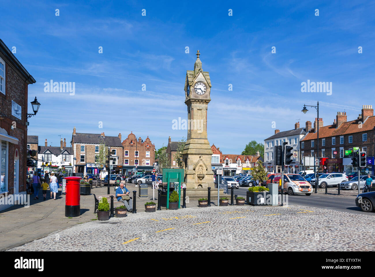 Clock Tower in the Market Place, Thirsk, North Yorkshire, England, UK Stock Photo