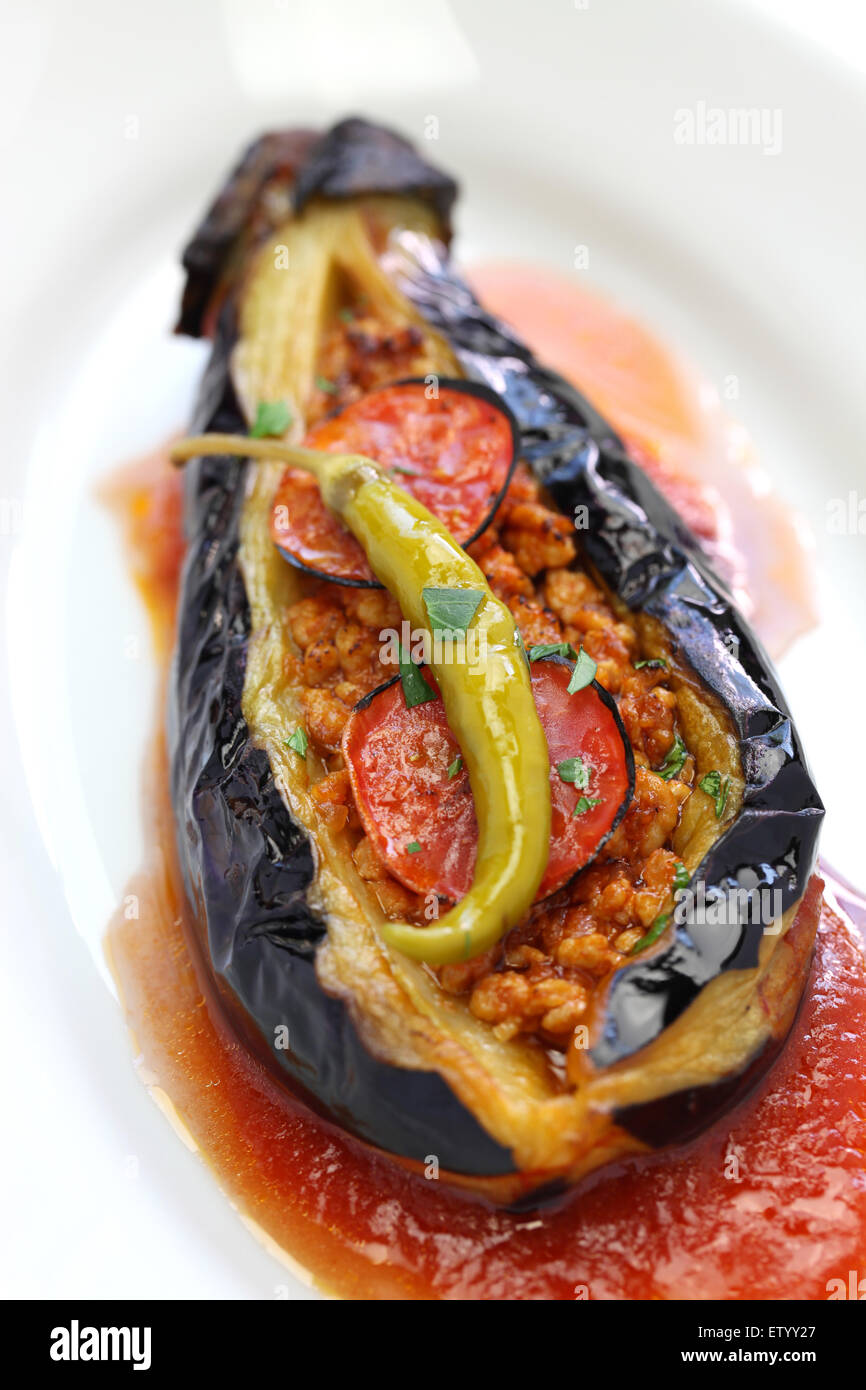 karniyarikv, stuffed eggplant, turkish cuisine isolated on white background Stock Photo