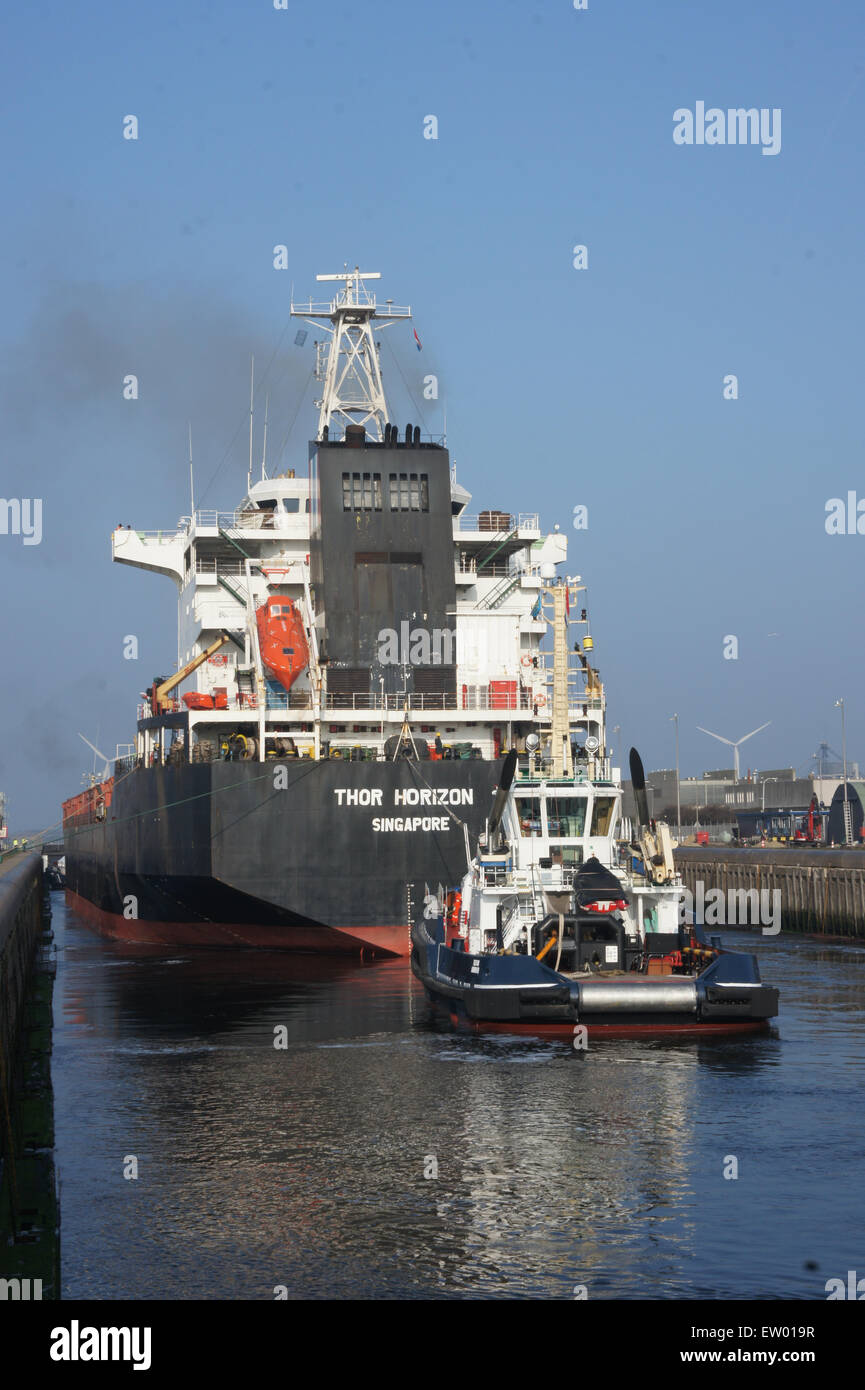Thor Horizon, IMO 9137117 and Triton, IMO 9451537 at the locks of IJmuiden, Port of Amsterdam, pic1 Stock Photo