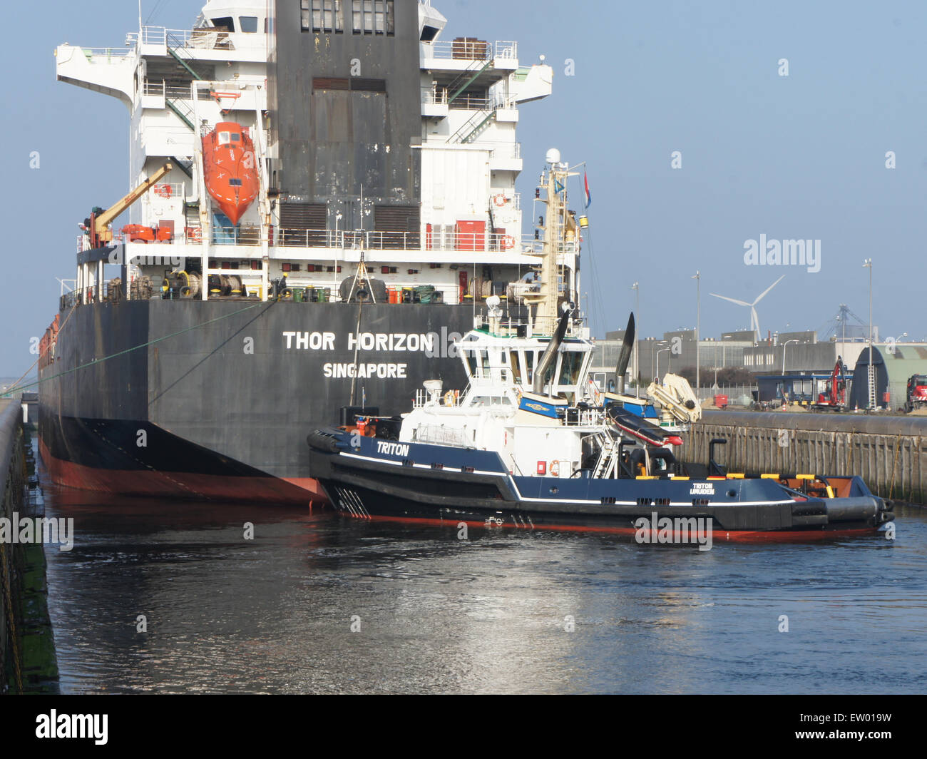 Thor Horizon, IMO 9137117 and Triton, IMO 9451537 at the locks of IJmuiden, Port of Amsterdam, pic2 Stock Photo