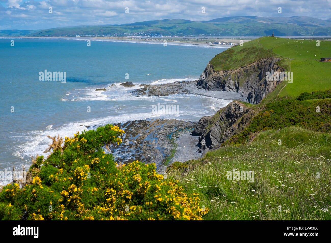 Looking to Borth from  the Wales Coast Path, Ceredigion, UK. Stock Photo