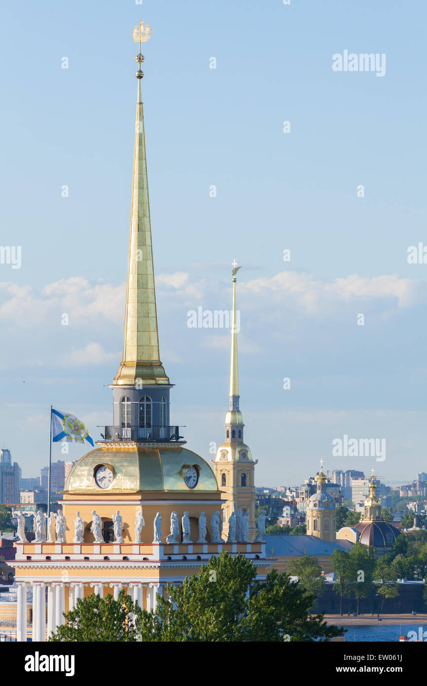 View of St. Petersburg and spiers of the Admiralty and Peter and Paul Fortress from the colonnade of St. Isaac's Cathedral Stock Photo