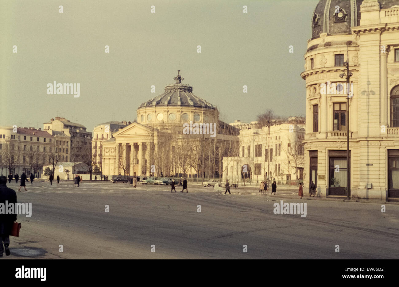 Historical view of the Romanian Athenaeum in the mid-sixites. Calea Victoriei, Bucharest, Romania, 1964 Stock Photo