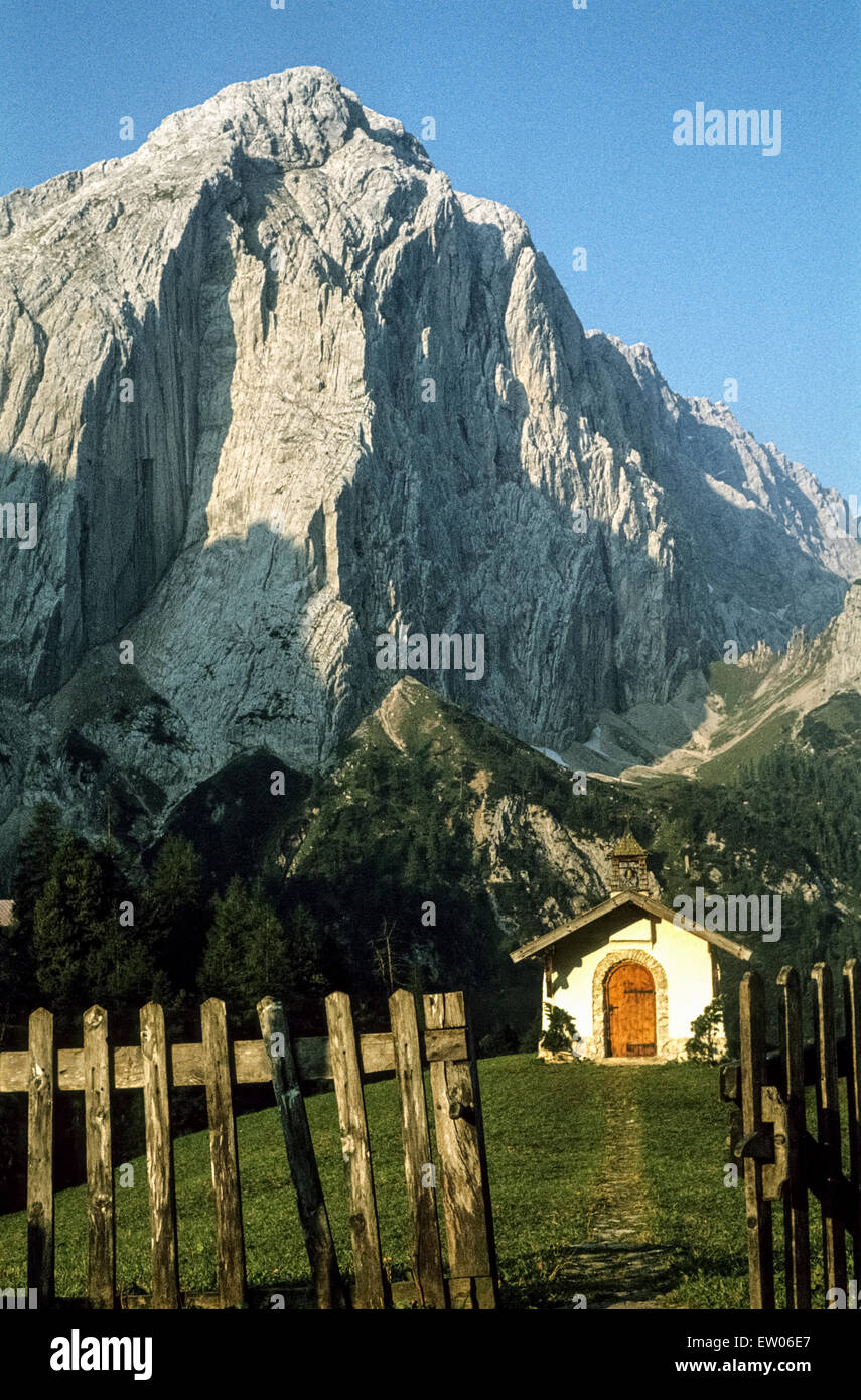 View from Halleranger to the chapel on Kohleralm and Kleiner Lafatscher in 1977. Stock Photo