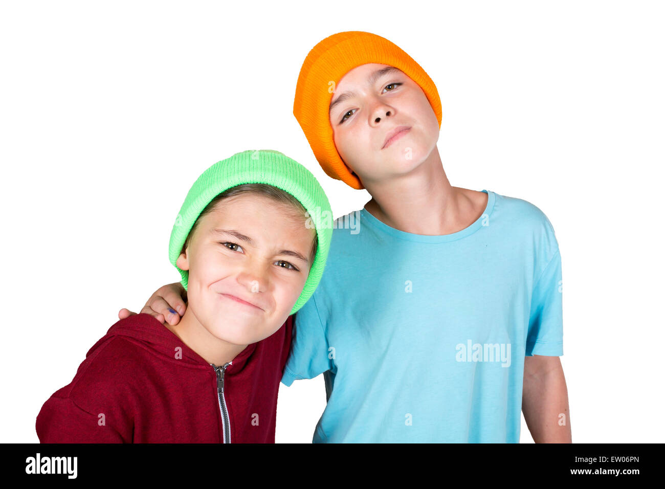 two boys arm in arm and looking angry Stock Photo Alamy
