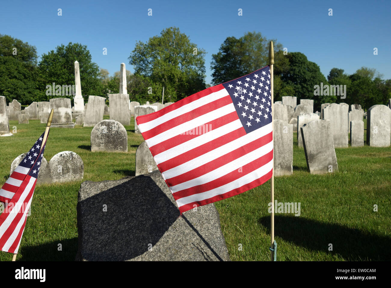 Graves decorated at memorial day, american cemetery, american flag, Gar badge, Pennsylvania, USA. Stock Photo