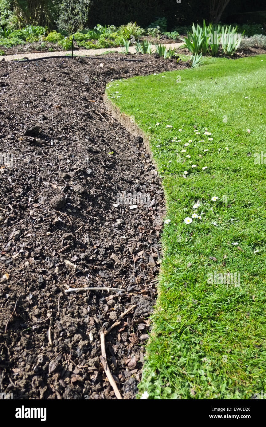 Garden border with mulch and lawn Stock Photo Alamy