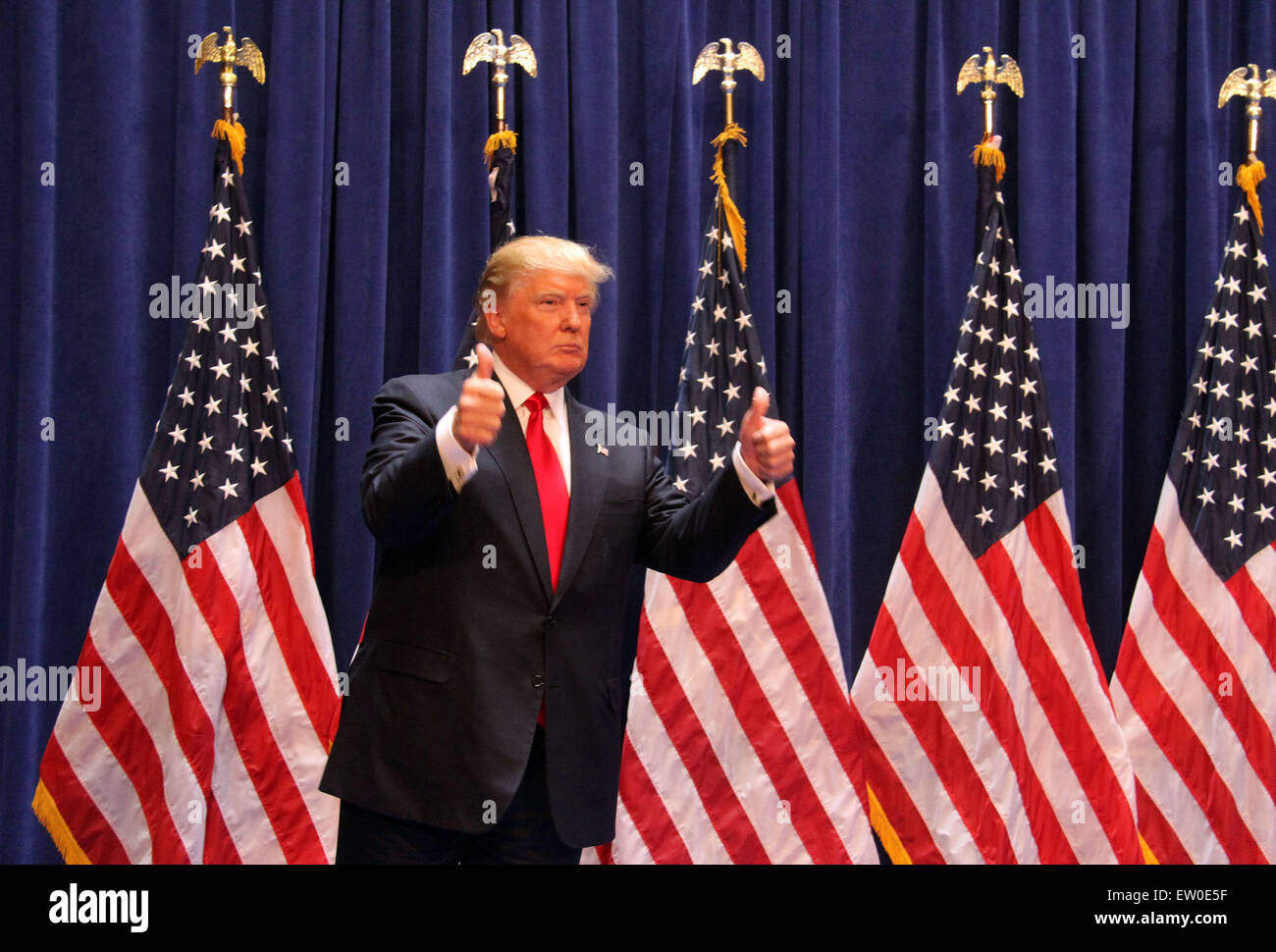 New York, New York, USA. 15th June, 2015. Real estate mogul and television reality star DONALD TRUMP announces his campaign for the 2016 GOP presidential nomination at Trump Tower. Credit:  Nancy Kaszerman/ZUMAPRESS.com/Alamy Live News Stock Photo