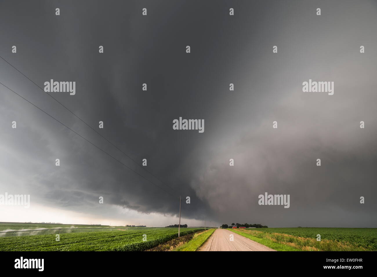 Supercell storm moves southeast near Columbus Nebraska producing large hail and high winds. Stock Photo