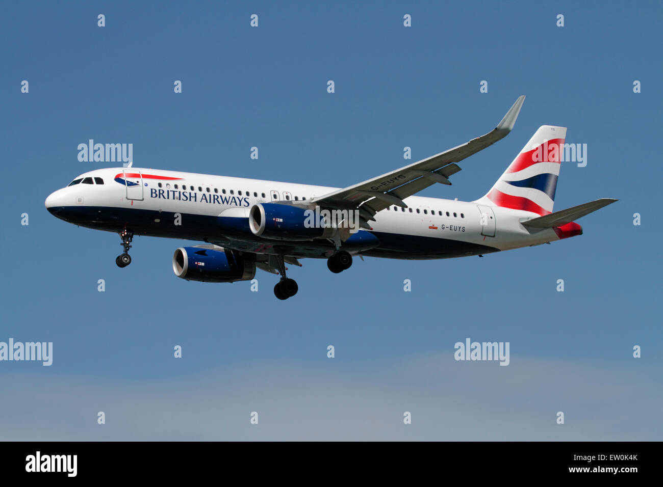 British Airways Airbus A320 passenger jet plane with sharklets (winglets or upturned wingtips). Modern aviation. Stock Photo