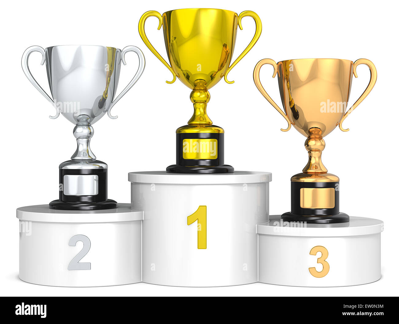 White podium with 3 Trophy cups. Stock Photo