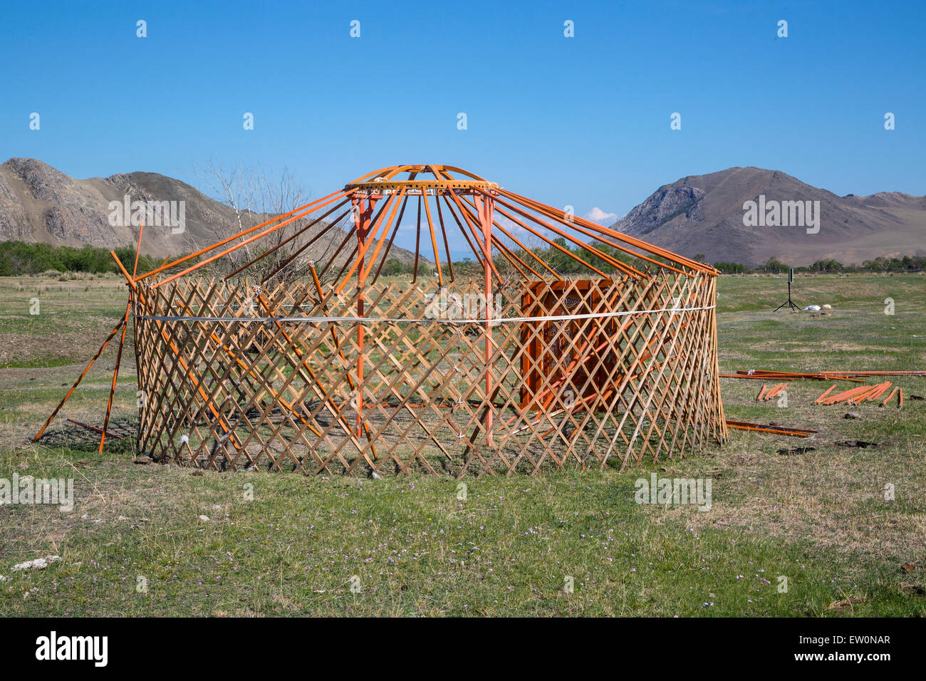 View of national asian yurt in mountains near Baikal lake Stock Photo