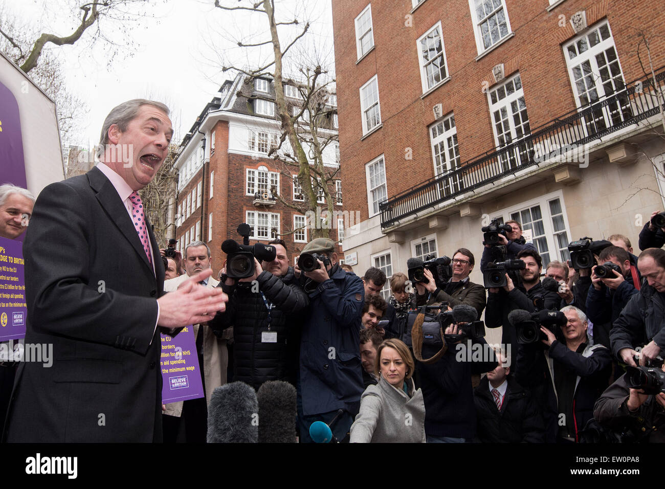 UKIP leader Nigel Farage announces his parties key election pledges on Smith Square.  Featuring: Nigel Farage Where: London, United Kingdom When: 30 Mar 2015 C Stock Photo