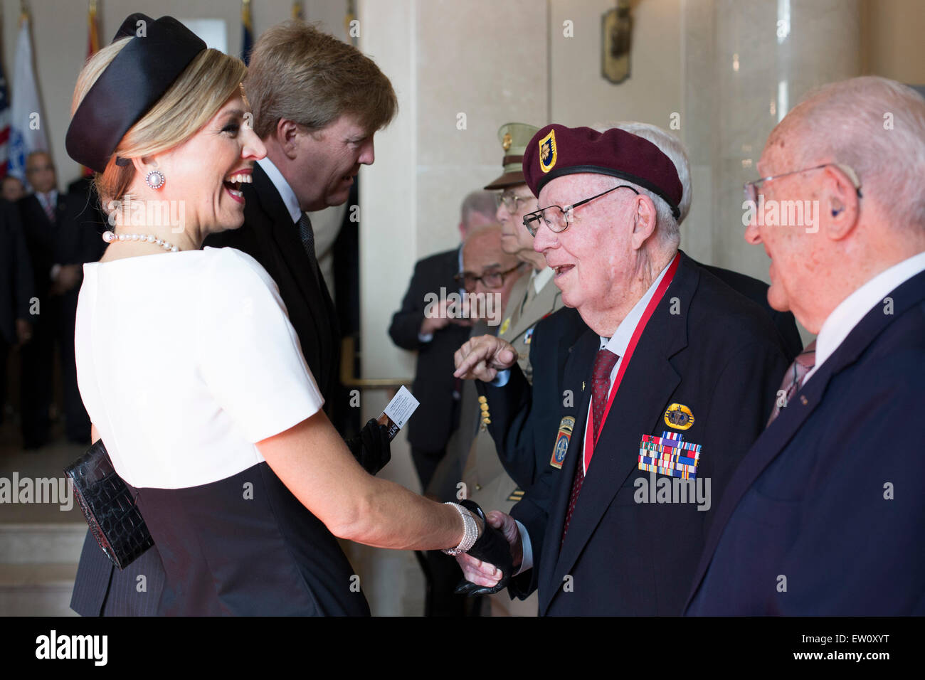 Queen Maxima of the Netherlands meets with World War II and Korean War veterans during a visit to the Memorial Display Room at Arlington National Cemetery June 1, 2015, in Arlington, Virginia. The royal couple later placed a wreath at the Tomb of the Unknown Soldier and then met with veterans from World War II. Stock Photo
