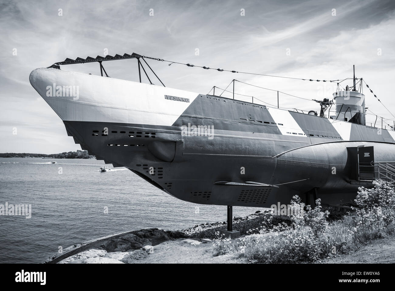 Helsinki, Finland - June 13, 2015: Historical submarine Vesikko from WWII period stands on the coast of Suomenlinna island. Mono Stock Photo
