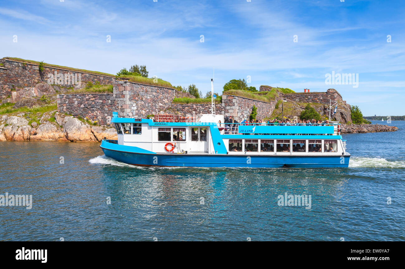 Helsinki, Finland - June 13, 2015: Small passenger ship MS Amiraali operated by JT-Line enters the harbor of Suomenlinna island. Stock Photo