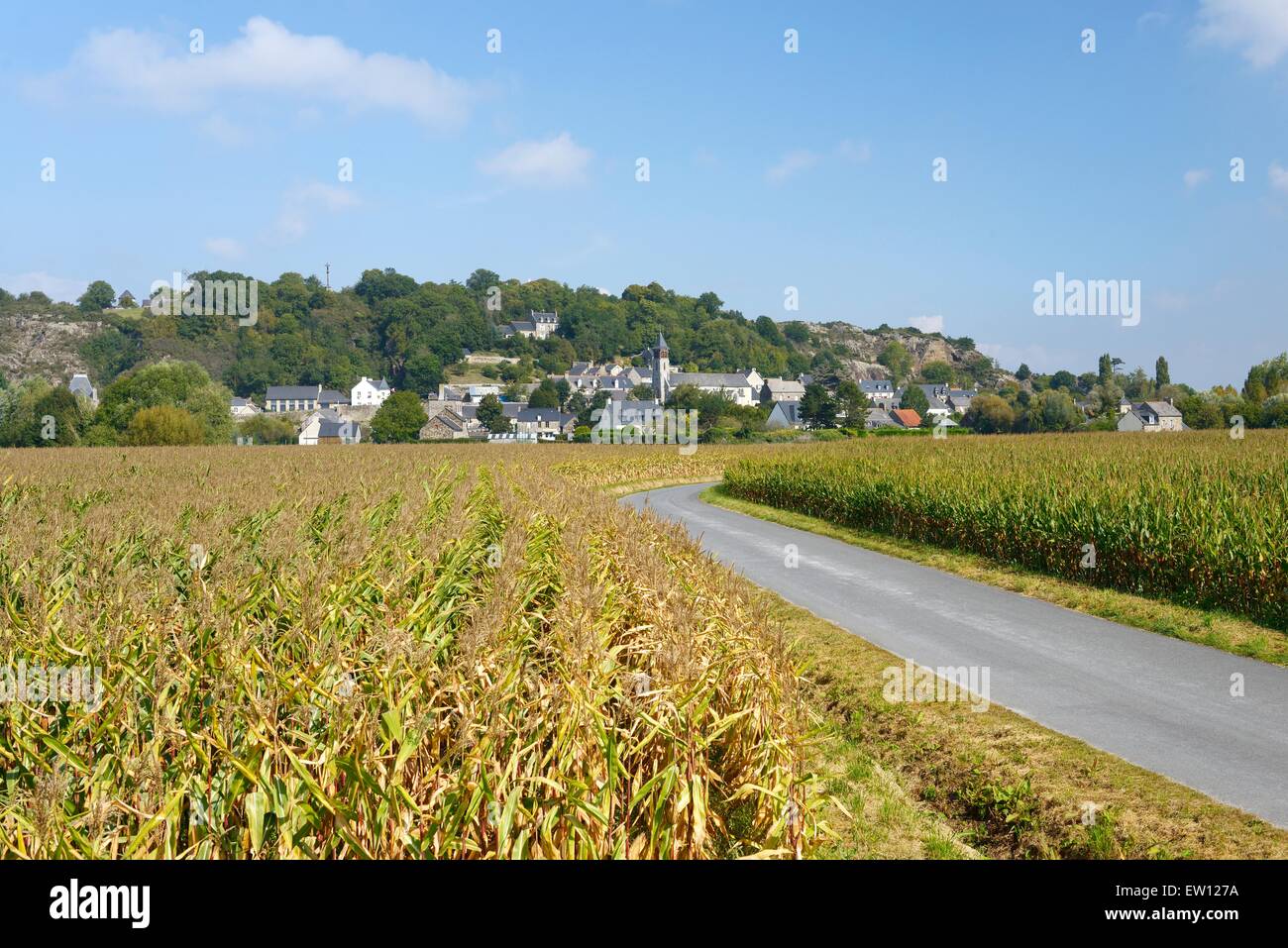 East over cornfields to granite hill and village of Mont Dol. Near
