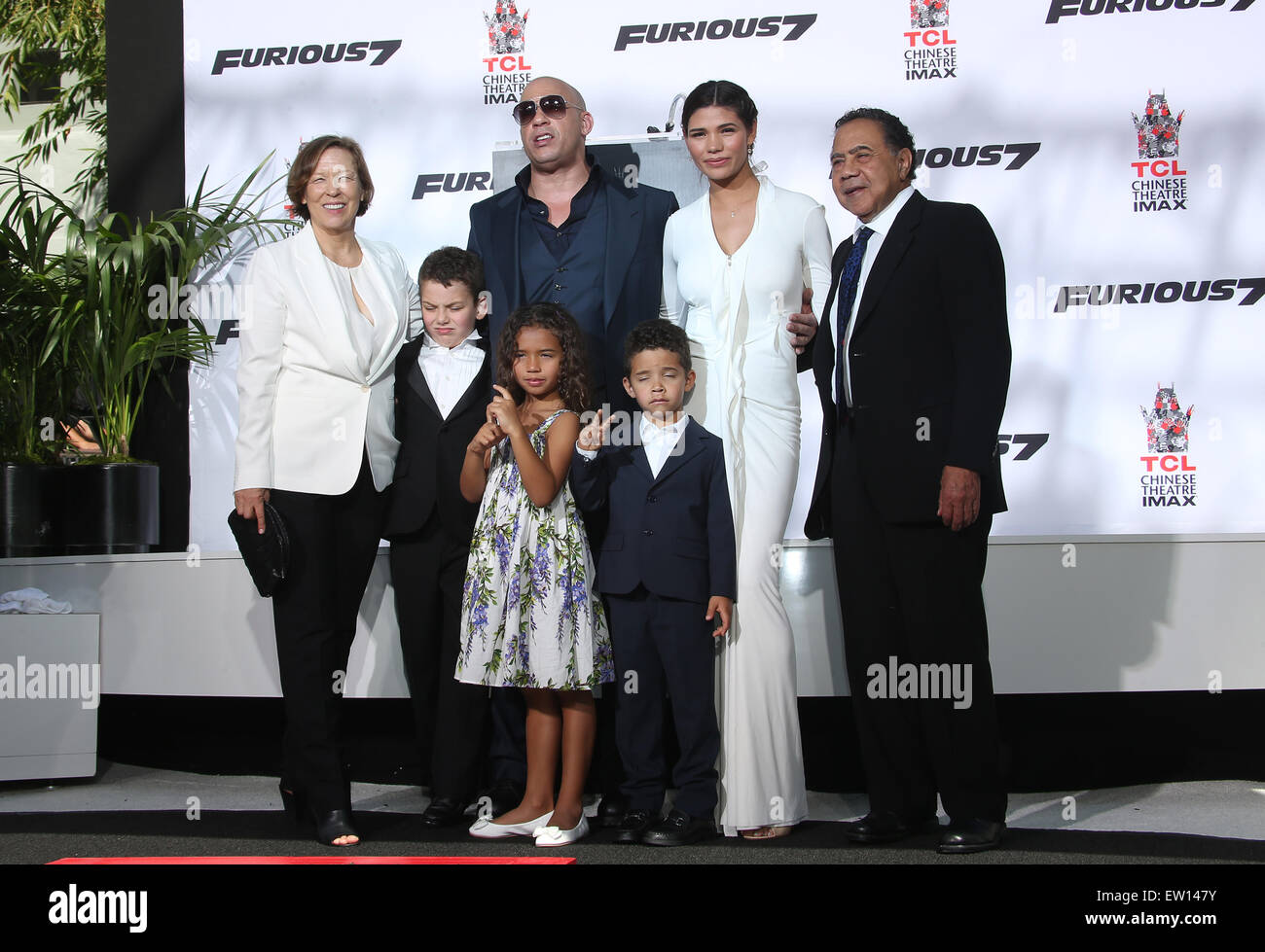 Vin Diesel's hand-print and foot-print ceremony  Featuring: Delora Vincent, VIN DIESEL, Vincent Sinclair, Hania Riley Sinclair, Pauline Sinclair, Irving Vincent Where: Hollywood, California, United States When: 01 Apr 2015 C Stock Photo