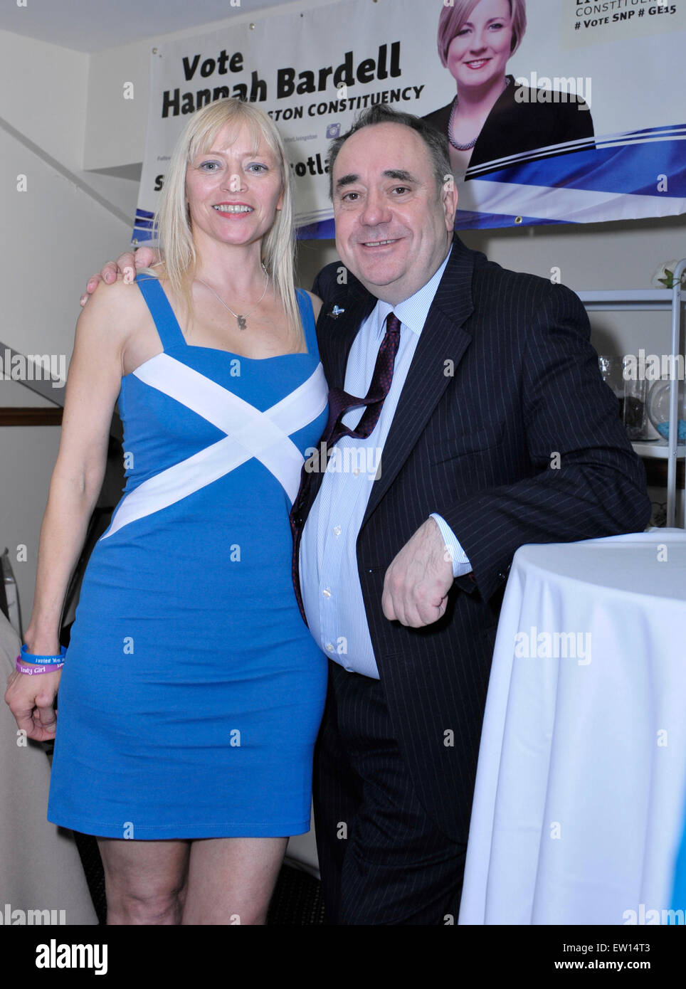 Alex Salmond attends SNP Livingston Constituency Candidate Hannah Bardell's adoption dinner at Livingston FC's  stadium the Eneragy Assets Arena.    Alex Salmond signed copies of his book and posed for photos with guests  Featuring: Rhona Kenny from Hamilton, Alex Salmond Where: Livingston, United Kingdom When: 01 Apr 2015 C Stock Photo