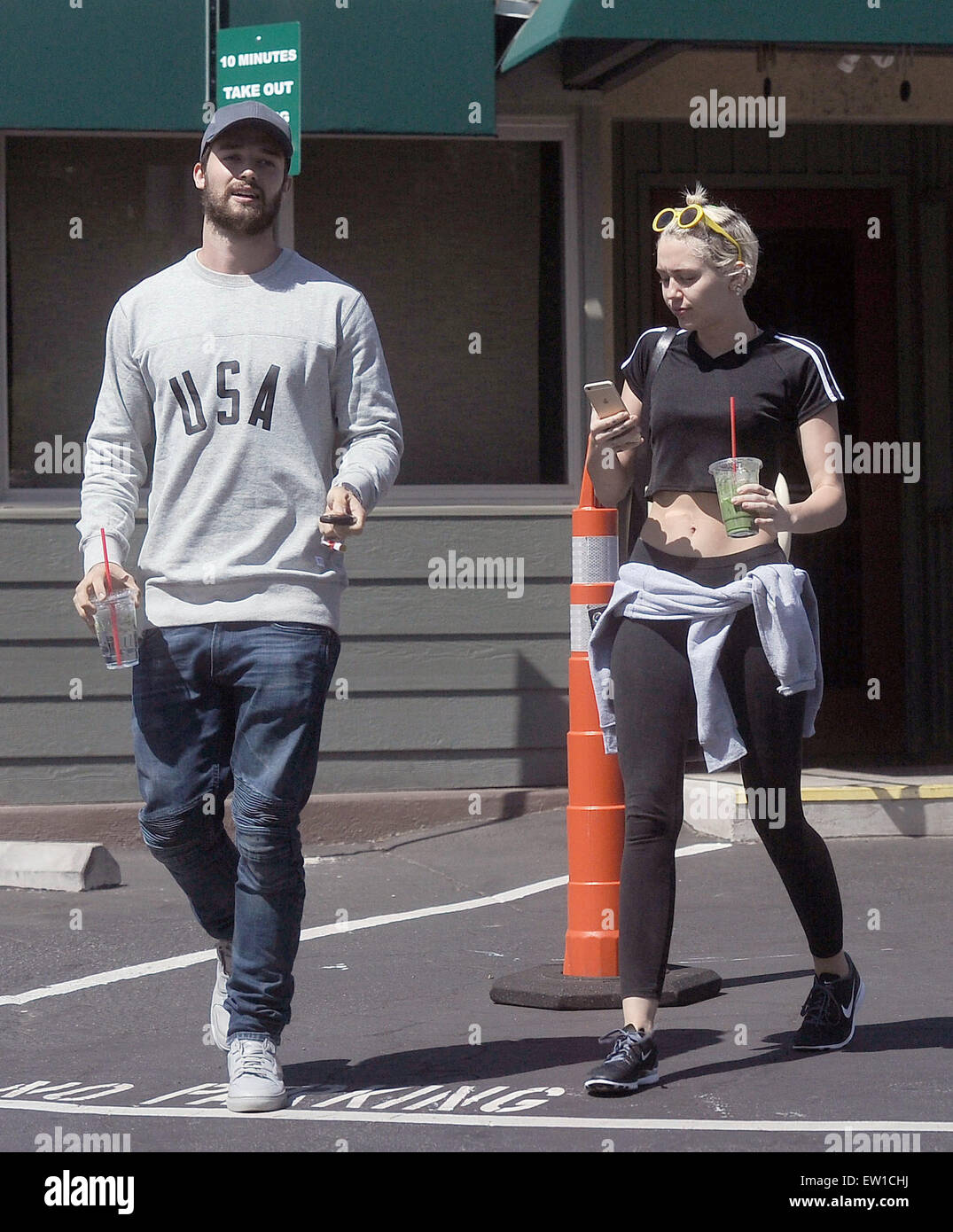 Miley Cyrus and Patrick Schwarzenegger have lunch together Featuring: Miley  Cyrus, Patrick Schwarzenegger Where: Los Angeles, California, United States  When: 02 Apr 2015 C Stock Photo - Alamy