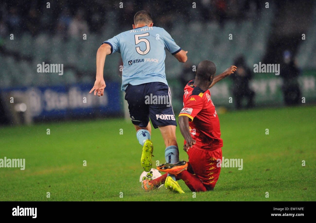 A-League match against Sydney FC vs. Adelaide United at Allianz Stadium. Adelaide United moved to top spot on the A-League ladder with a 1-0 win over Sydney FC thanks to the heroics of captain Eugene Galekovic who made no less than nine crucial saves to keep United in the game.  Featuring: Bruce Djite, Matt Jurman Where: Sydney, Australia When: 04 Apr 2015 C Stock Photo