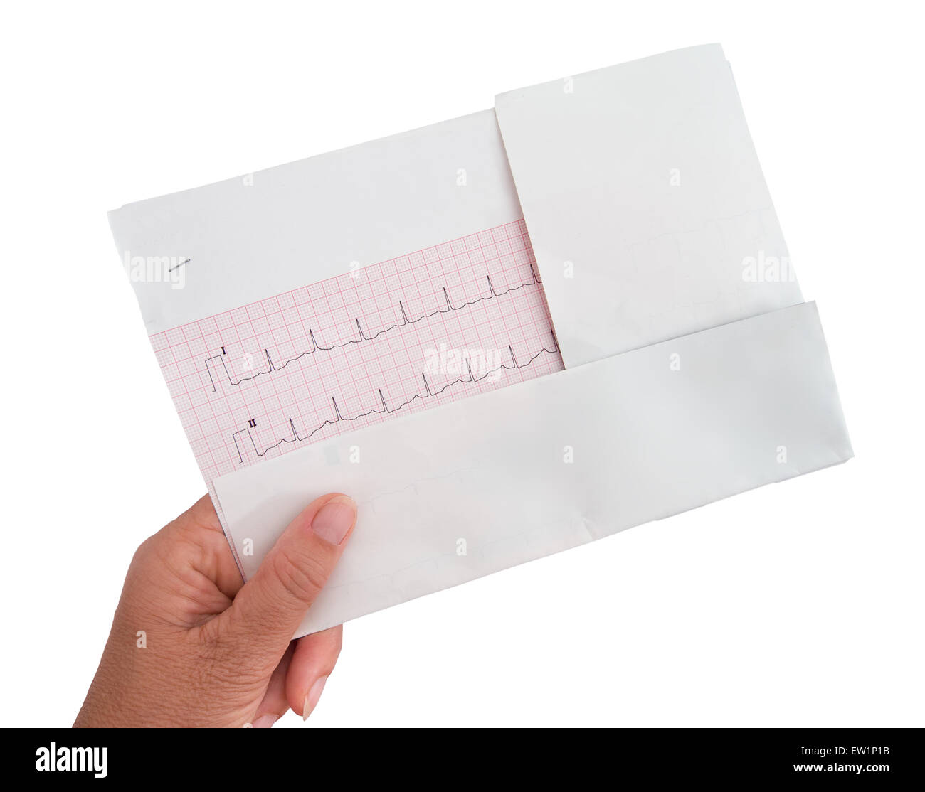 Ecg, ekg, electrocardiogram in hand, isolated on white. Middle aged female hand. Stock Photo