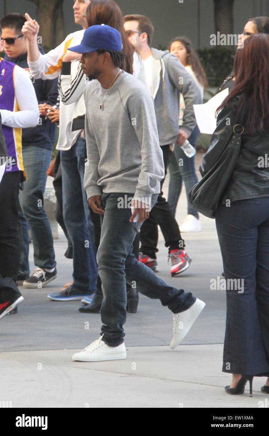 Hiphop artist Kendrick Lamar arrives at the Lakers v Clippers game at