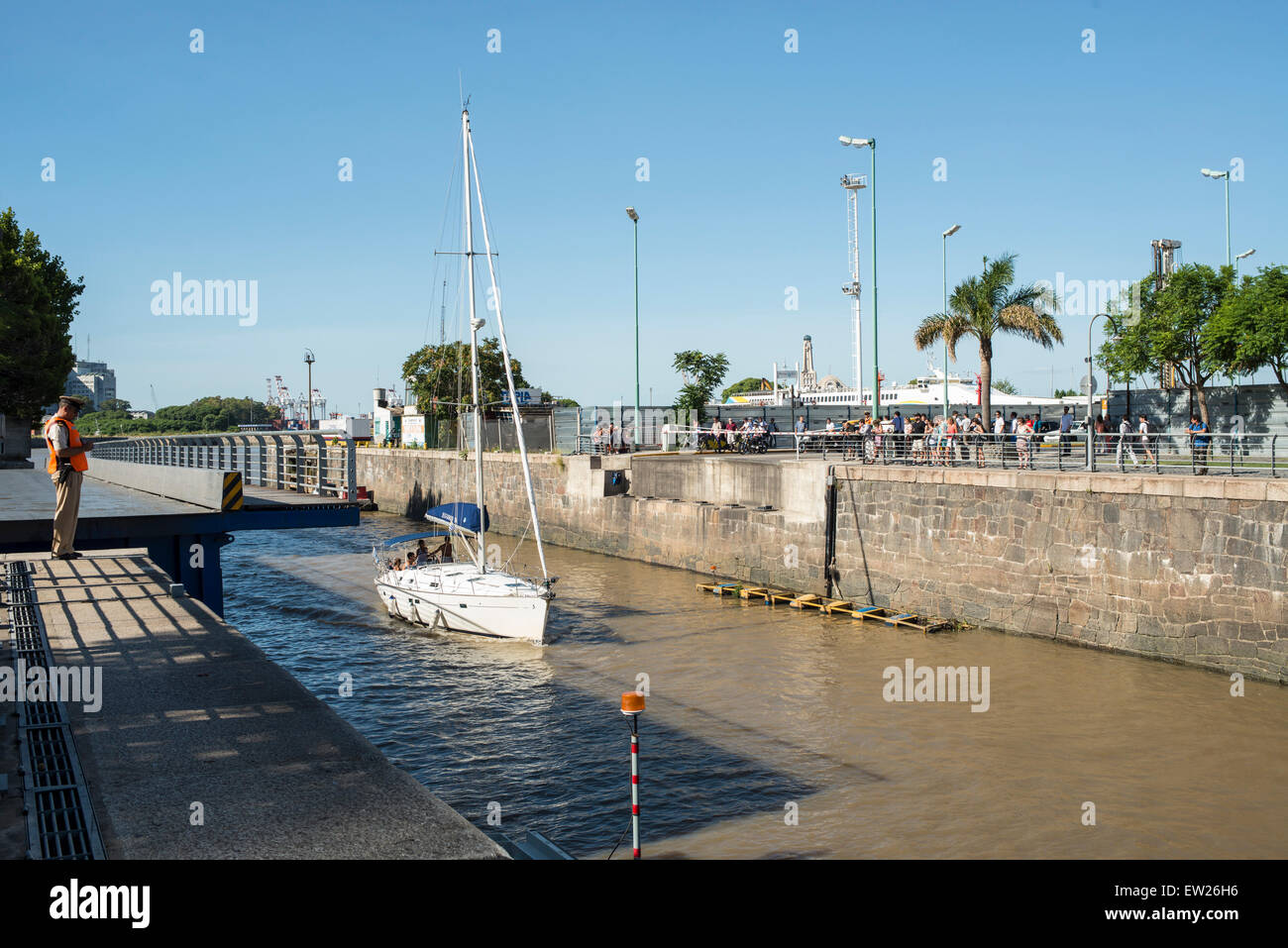 Sailboat entering Dique No. 4, Puerto Madero, Buenos Aires Stock Photo