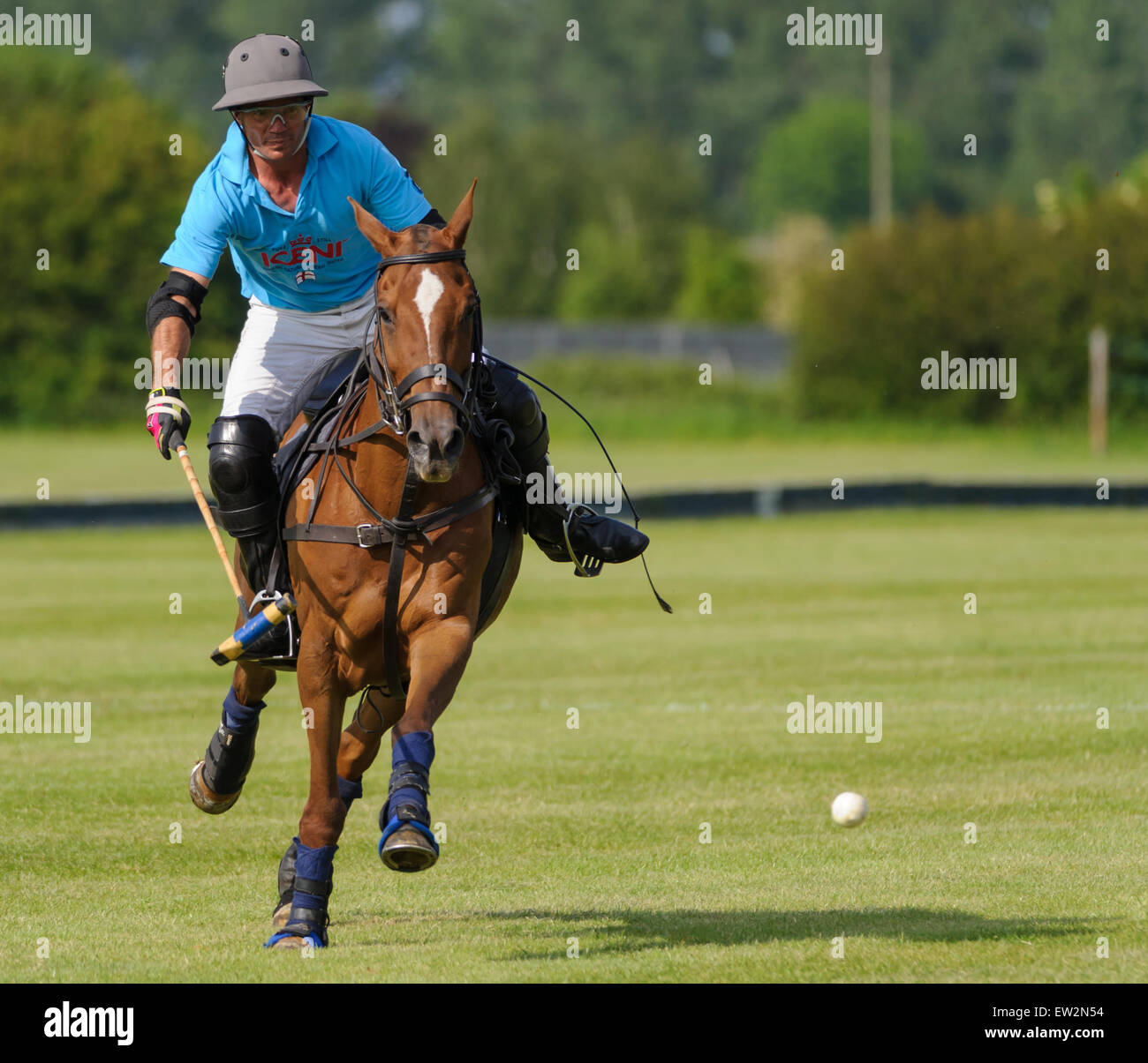 Rutland Polo Club, Oakham,16th June 2015. Fabio Lavinia drives the ball while playing for Rathbeags vs. Print On Demand during the league matches for the Assam Cup. Stock Photo