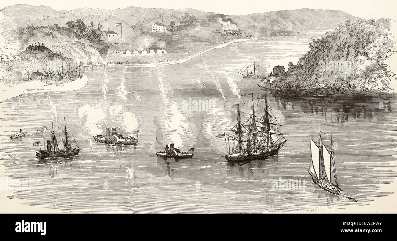 The Attack on the batteries at the entrance of Acquia Creek, Potomac River, by the United States Vessels USS Pawnee, USS Yankee, USS Thomas Freeborn, USS Anacosta and USS Resolute, June 1st 1861 Stock Photo