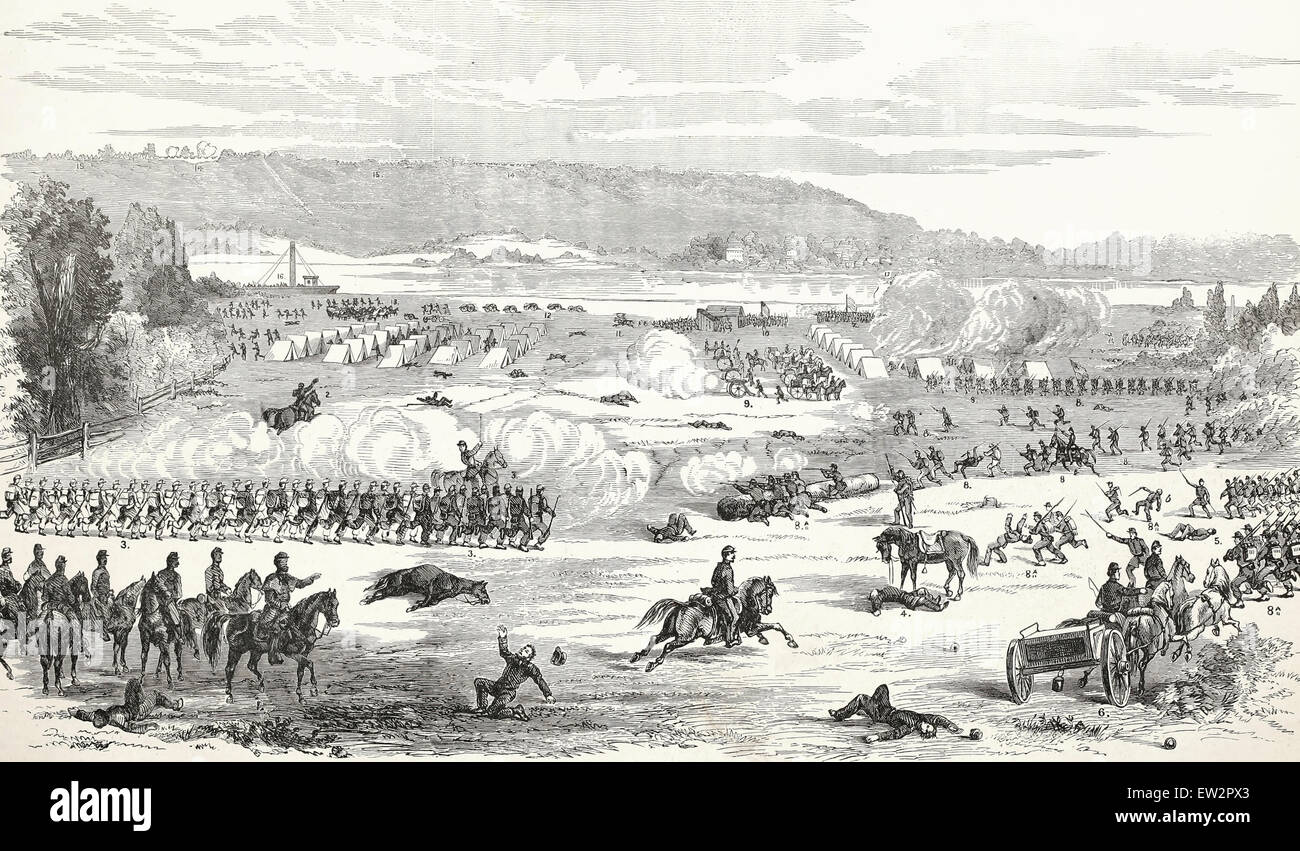 Battle of Belmont, Missouri opposite Columbus, Kentucky, November 7th, 1861 - Federal forces commanded by U S Grant, Confederate forces by Leonidas Polk, USA Civil War Stock Photo