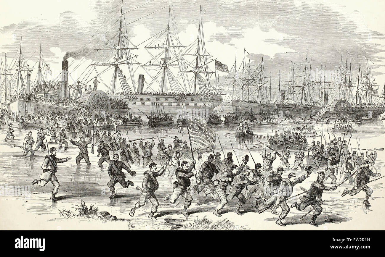 Landing of United States troops at Port Walker after the Bombardment. November 7th, 1861, USA Civil War Stock Photo
