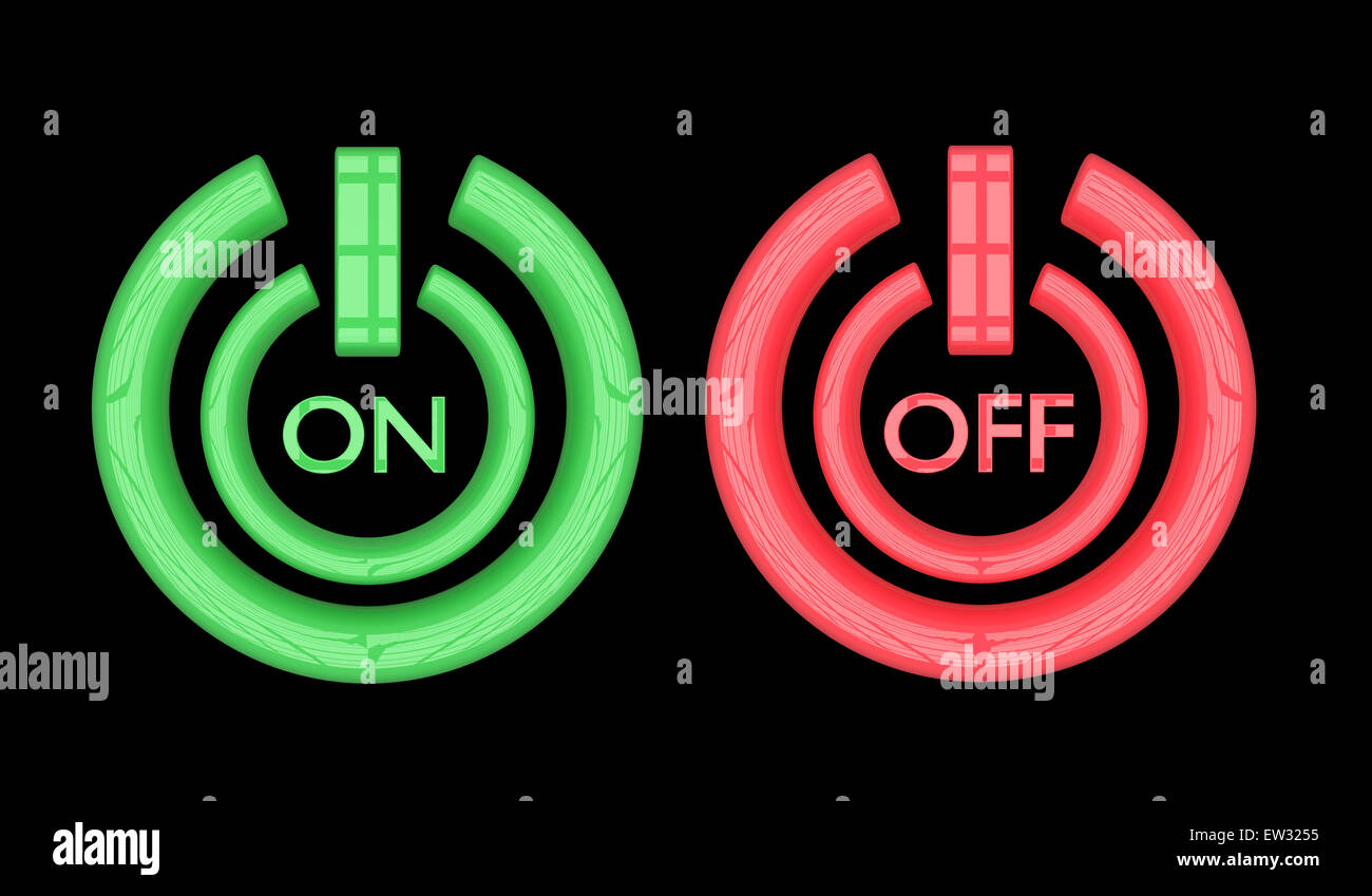 3d rendering of a green and red on off buttons on a black background ...