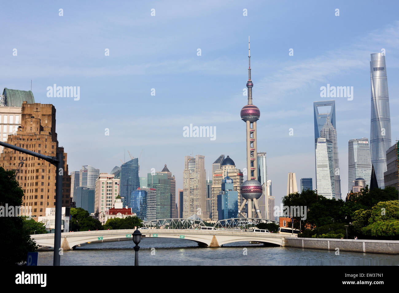 Shanghai from  Waibaidu Bridge with Pudong City on background  Skyline Oriental Pearl television tower, Jin Mao Tower, World Financial Center,  Huangpu River China ( Wusung River Suzzhou Creek ) Stock Photo