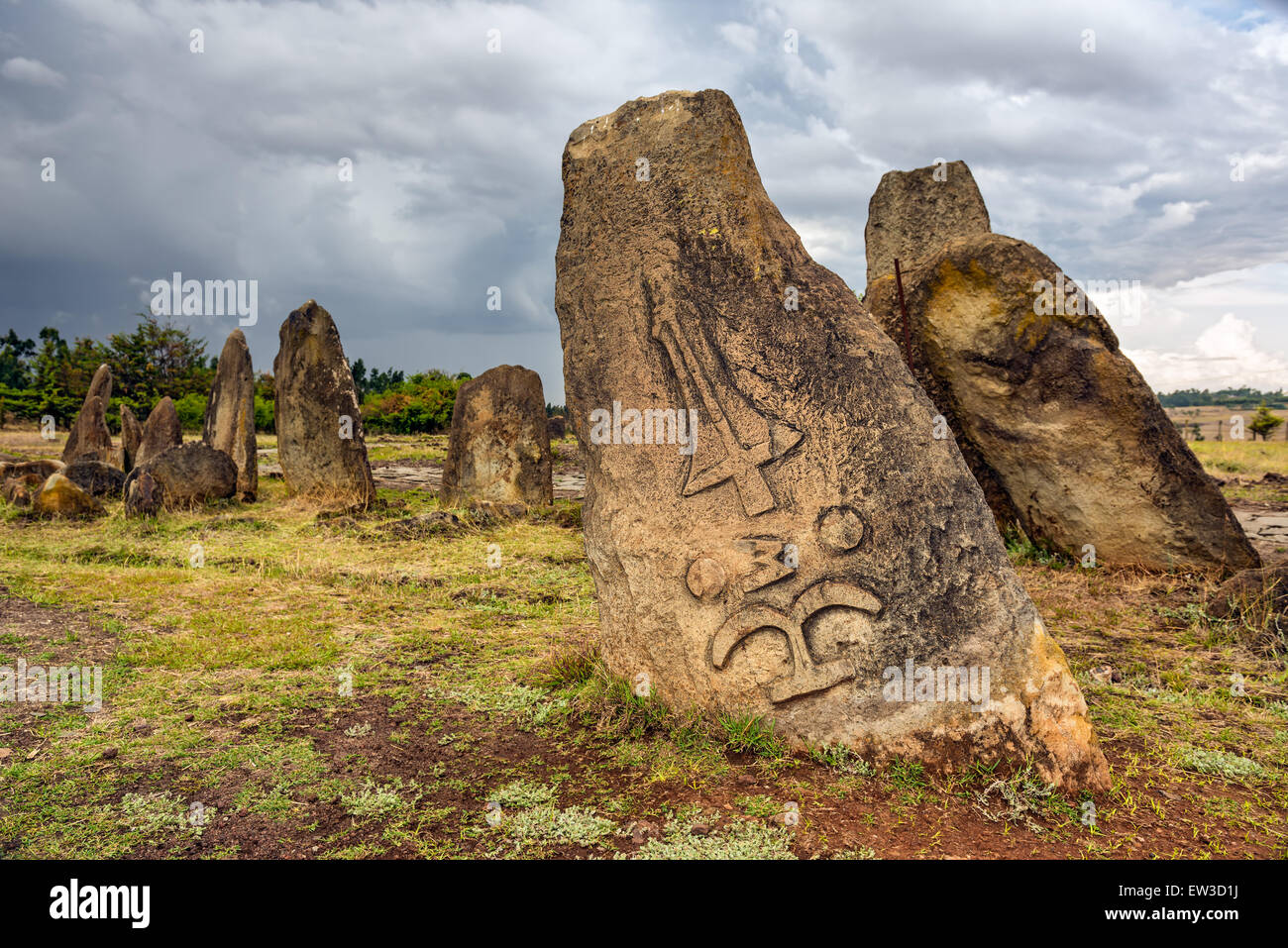 Megalithic Tiya stone pillars, a  UNESCO World Heritage Site near Addis Abbaba, Ethiopia. Stock Photo
