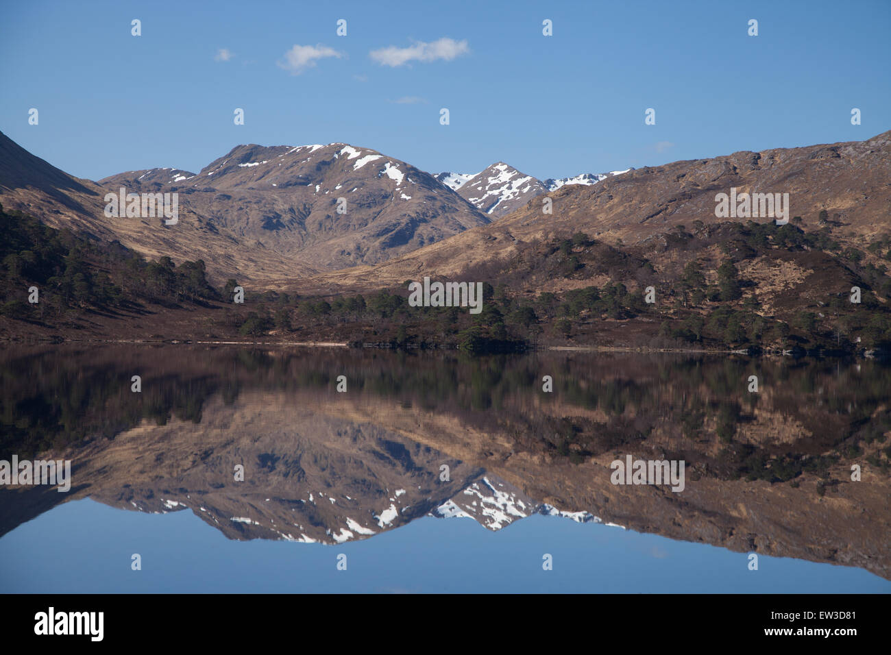 Mountains reflecting in the still water of Loch Arkaig, Glen Dessarry Highlands of Scotland. Stock Photo