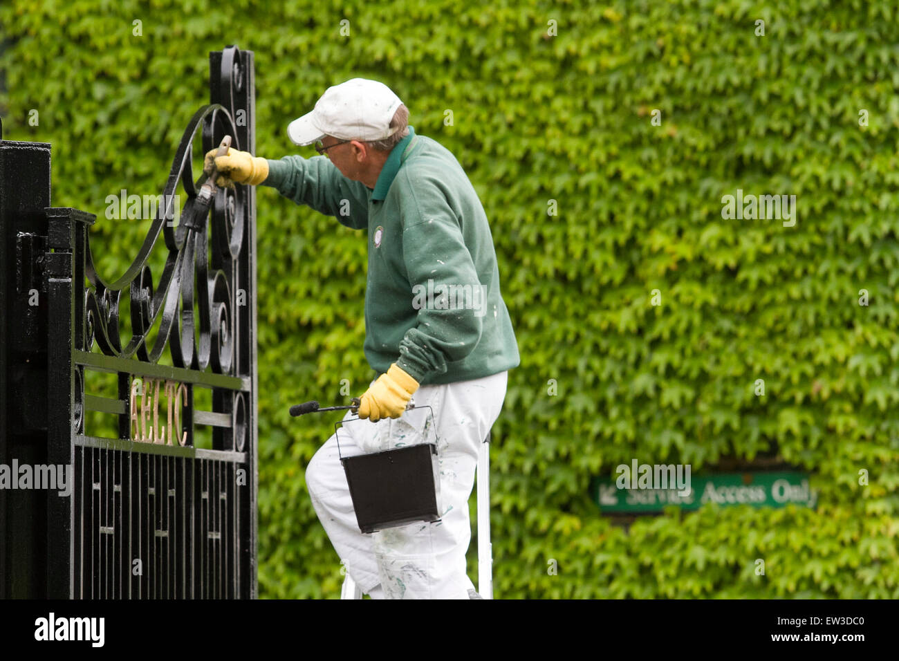 Wimbledon London,UK. 17th June 2015. The front entrance of the AELTC is repainted by ground staff in the build up to the 2015 Wimbledon tennis championships Credit:  amer ghazzal/Alamy Live News Stock Photo