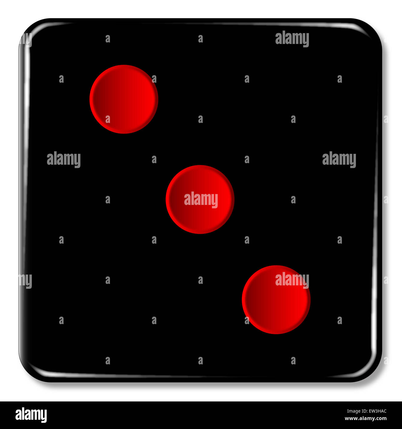 The face of a dice with three red spots over a white background Stock