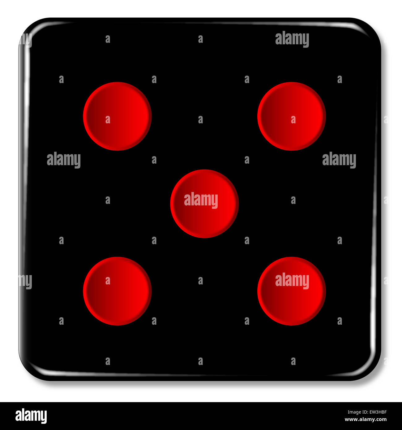 The face of a dice with five red spots over a white background Stock